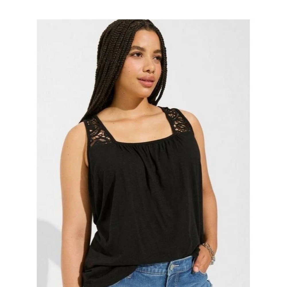 Torrid Womens 0X Black Sleeveless Knit Square Neck Lace Inset Tank Top NWT